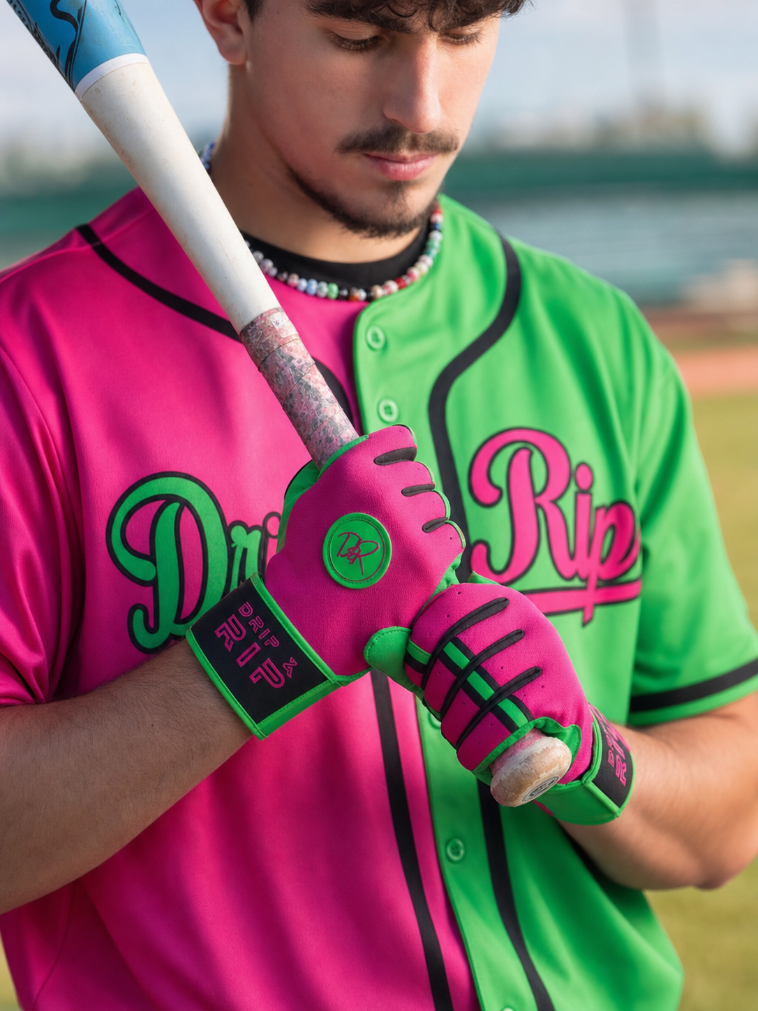 Drip & Rip™ 'Baller' Series Premium Leather Long Cuff Batting Glove Big Drip Energy