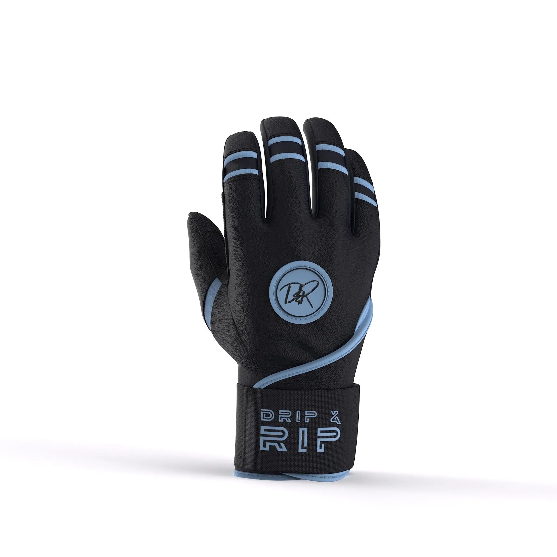 Closeup of long cuff with embroidered Drip & Rip logo on Black Ice batting gloves
