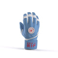 Closeup of long cuff with embroidered Drip & Rip logo on Cotton Candy batting gloves