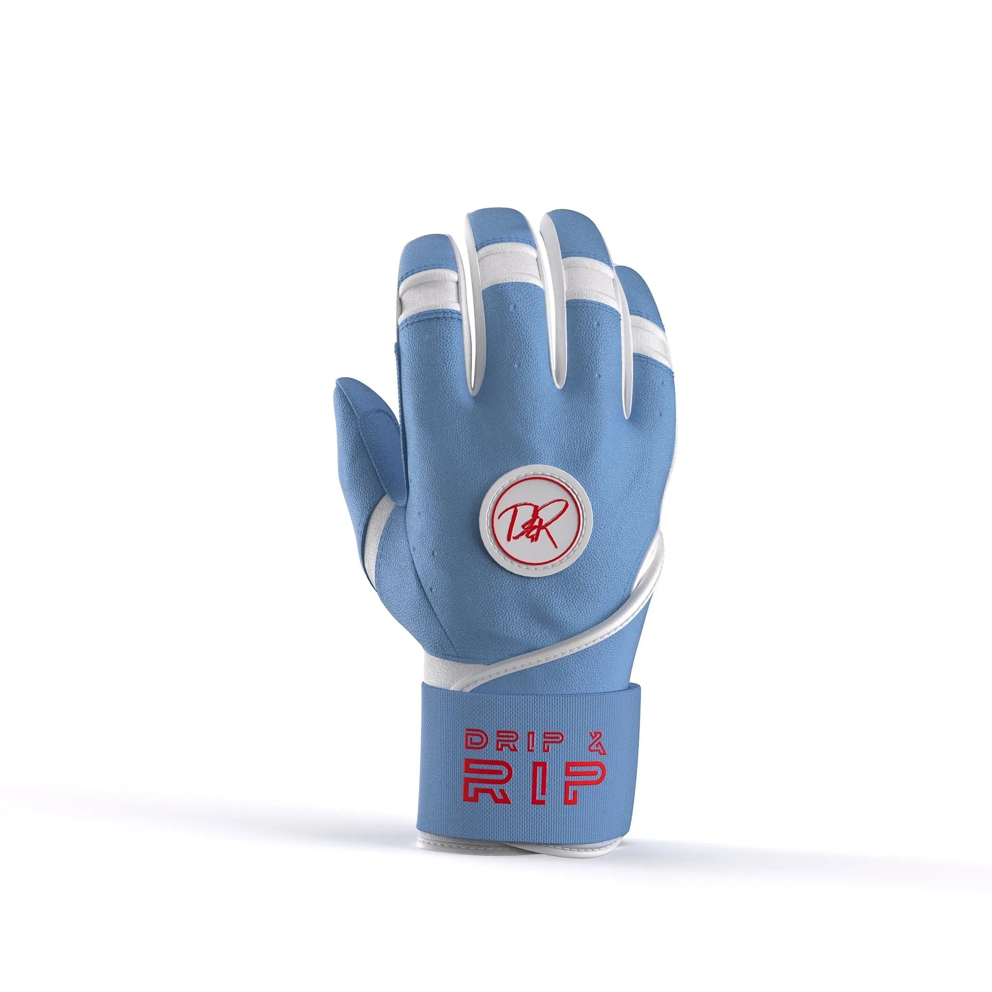 Closeup of long cuff with embroidered Drip & Rip logo on Cotton Candy batting gloves
