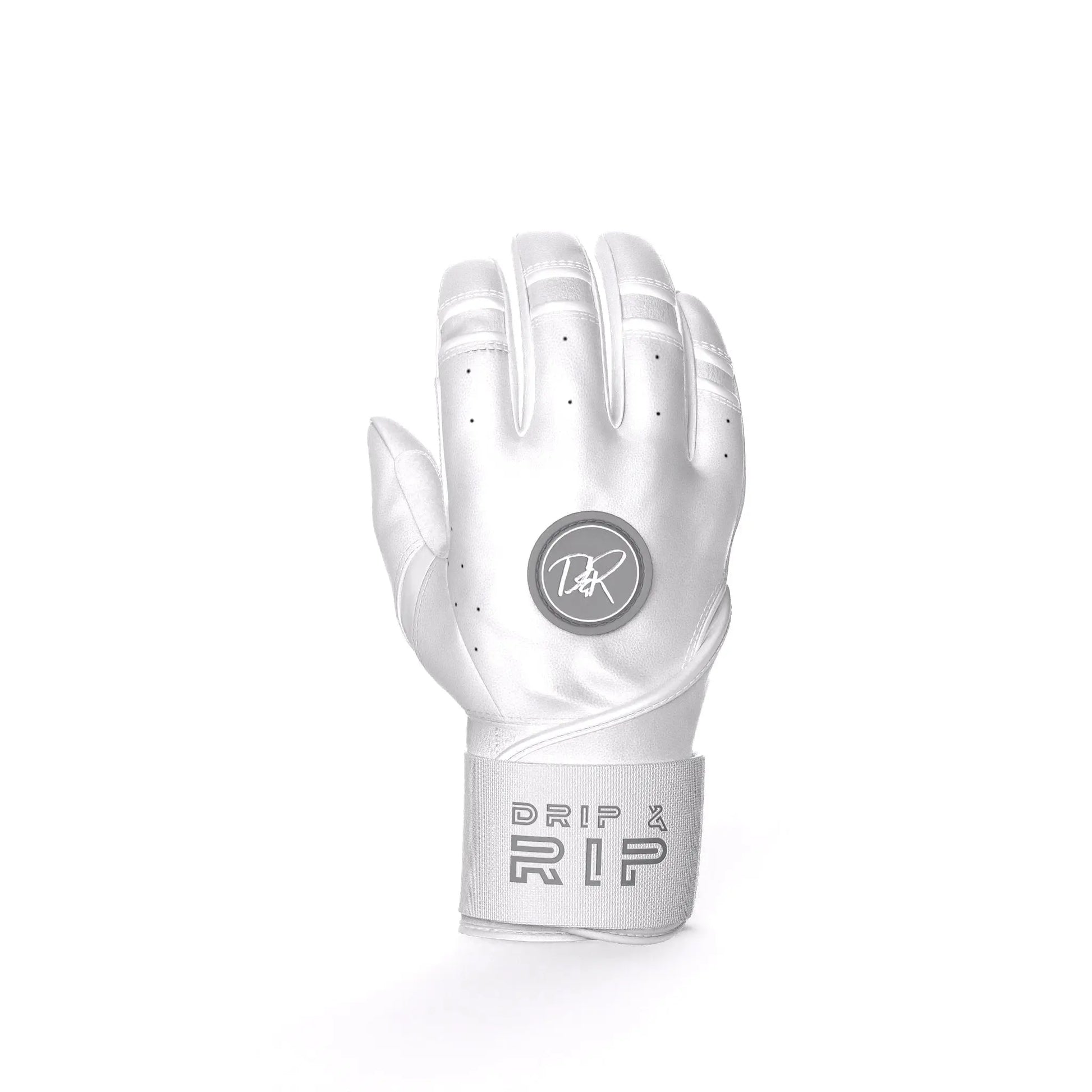 Closeup of long cuff with embroidered Drip & Rip logo on Specter batting gloves