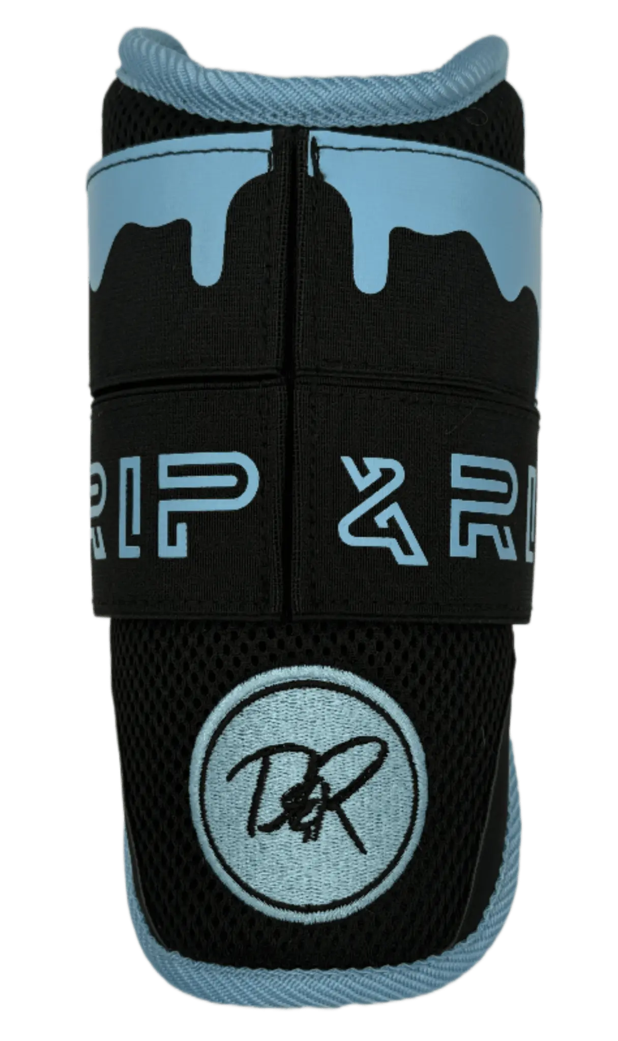 Black Ice elbow guard back view showing adjustable strap system and breathable sleeve